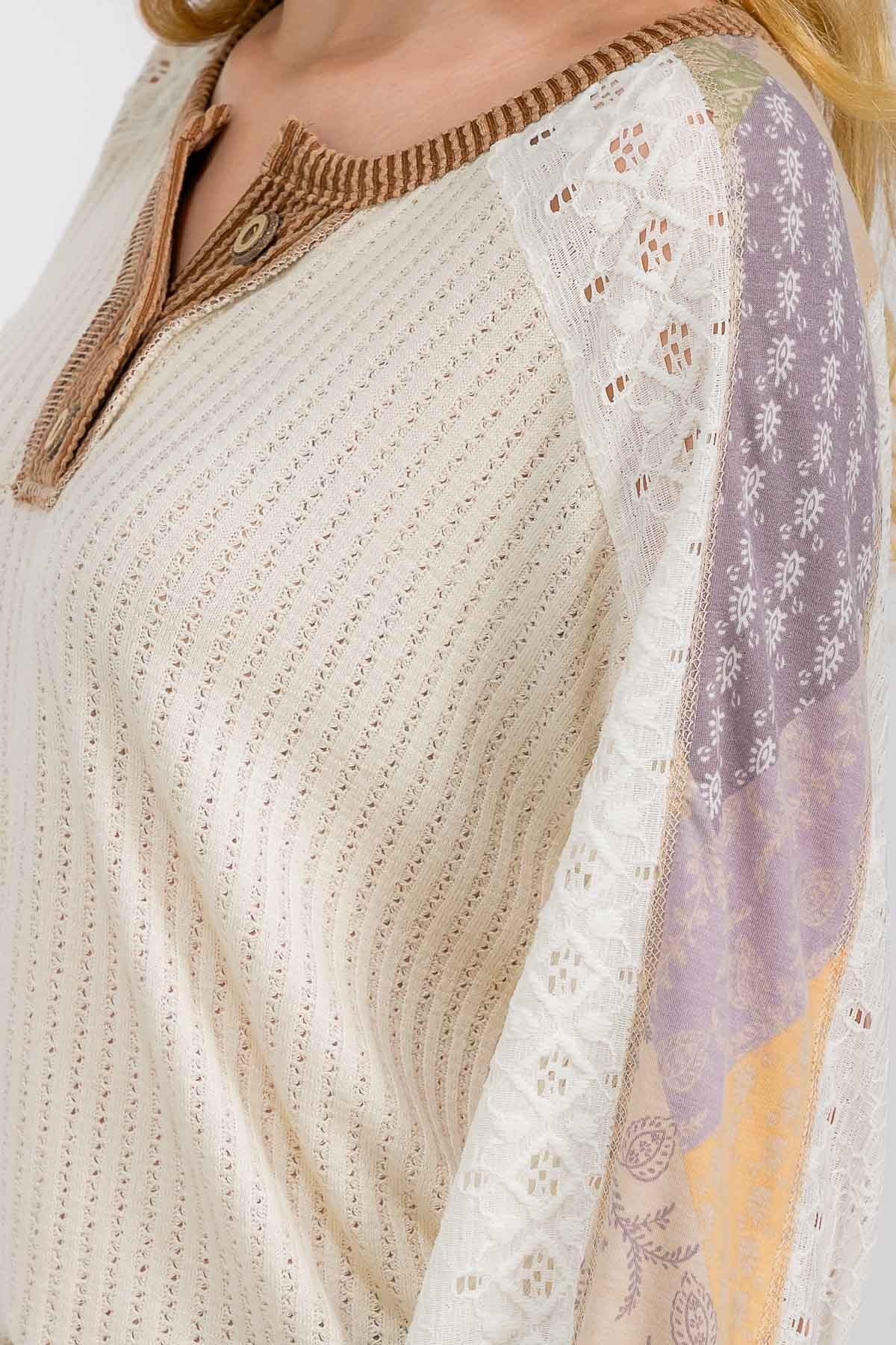 Plus Mixed Fabric Patchwork Henley Top