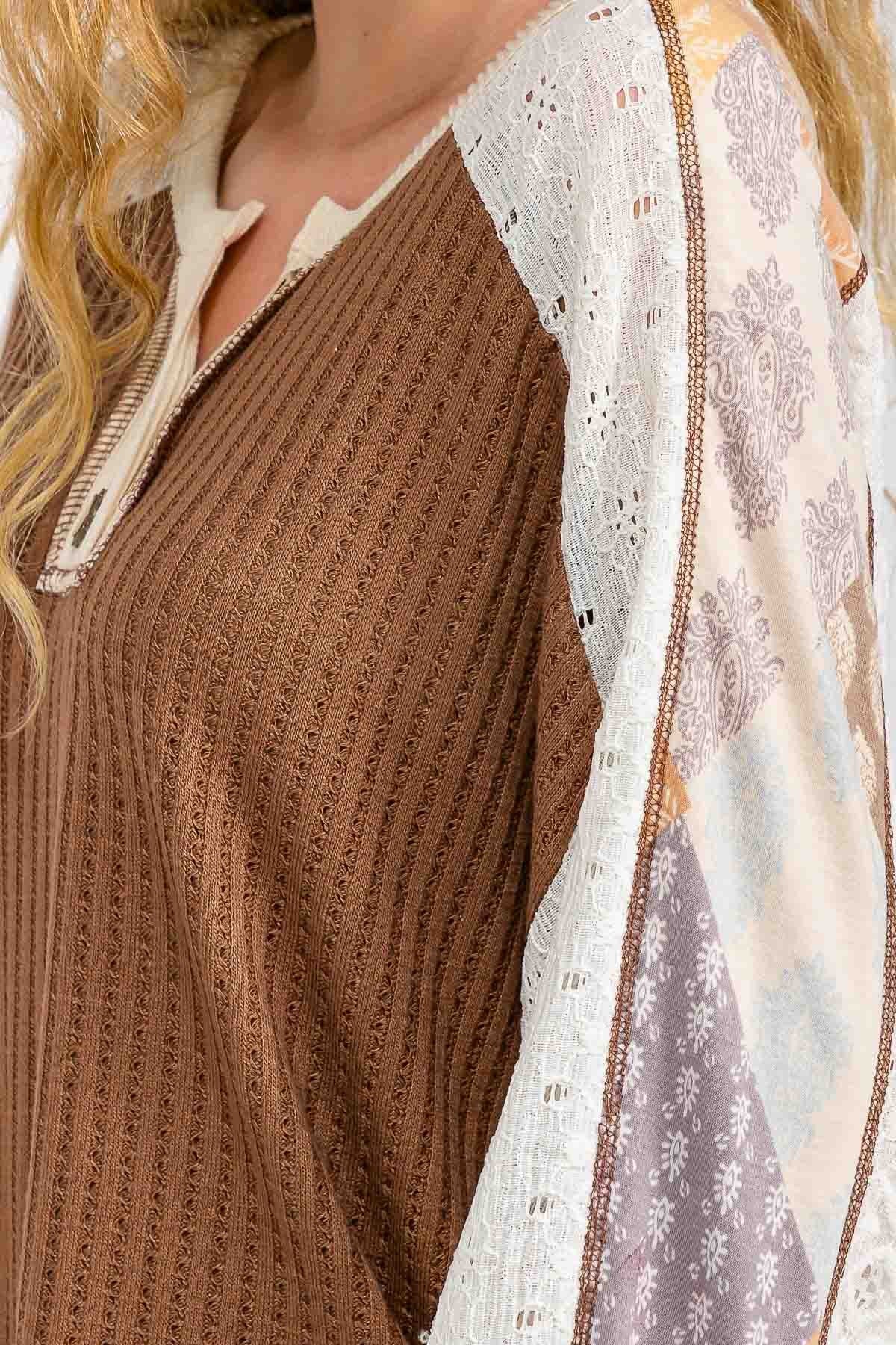 Plus Mixed Fabric Patchwork Henley Top
