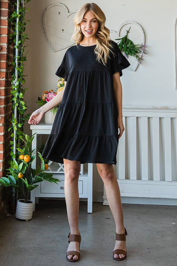 Dolman Sleeve Solid Bulgari Mini Tiered Dress