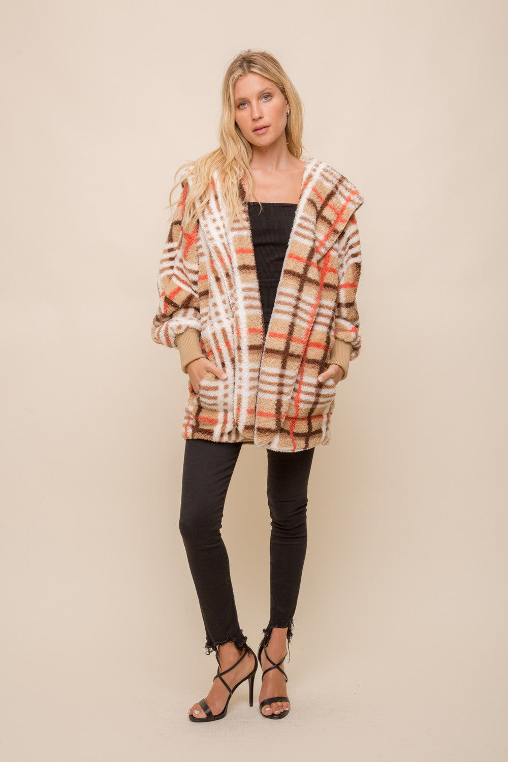 Checked Fur Oversized Hoodie Jacket