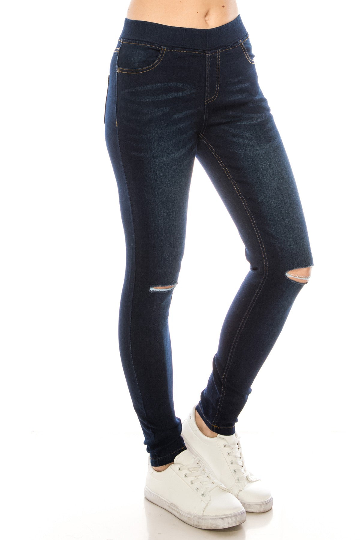 Slashed Pull On Denim Jegging