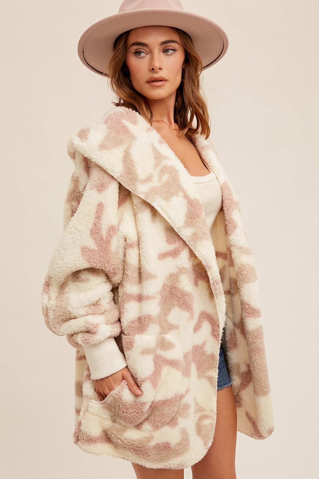 Mauve Print Fur Open Jacket