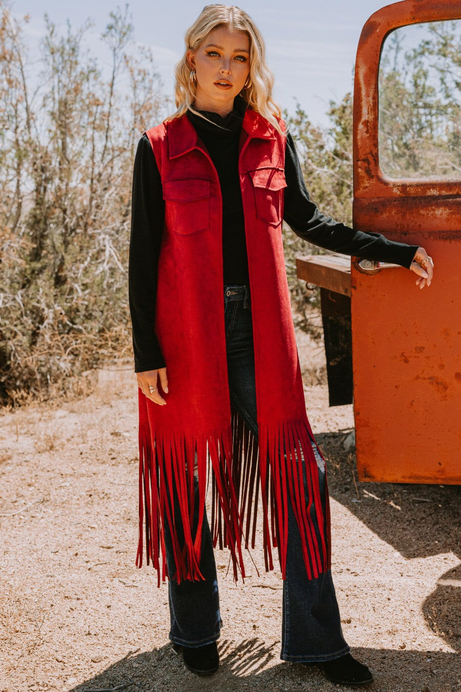 Fringe Hem Solid Suede Long Vest
