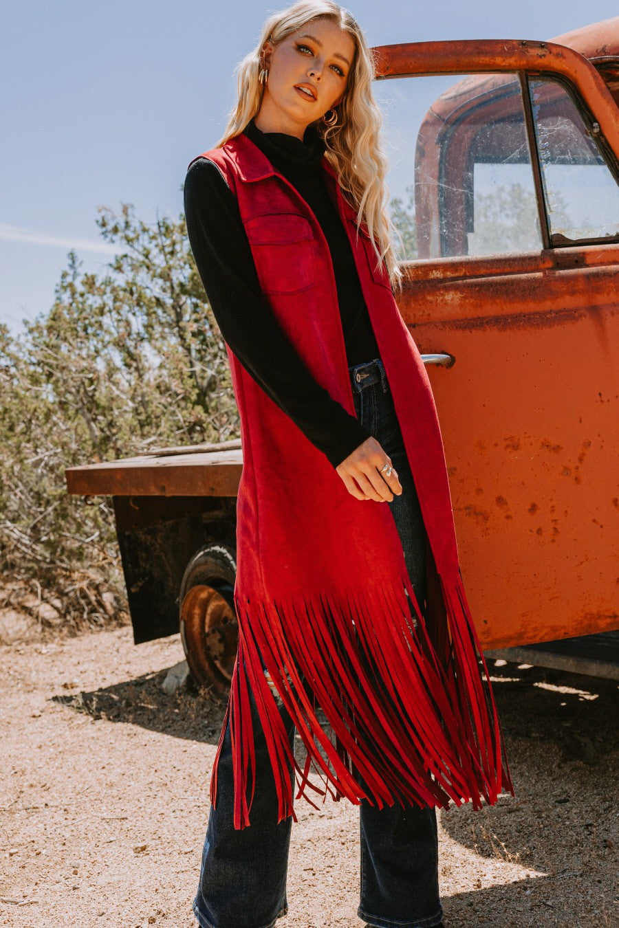 Fringe Hem Solid Suede Long Vest