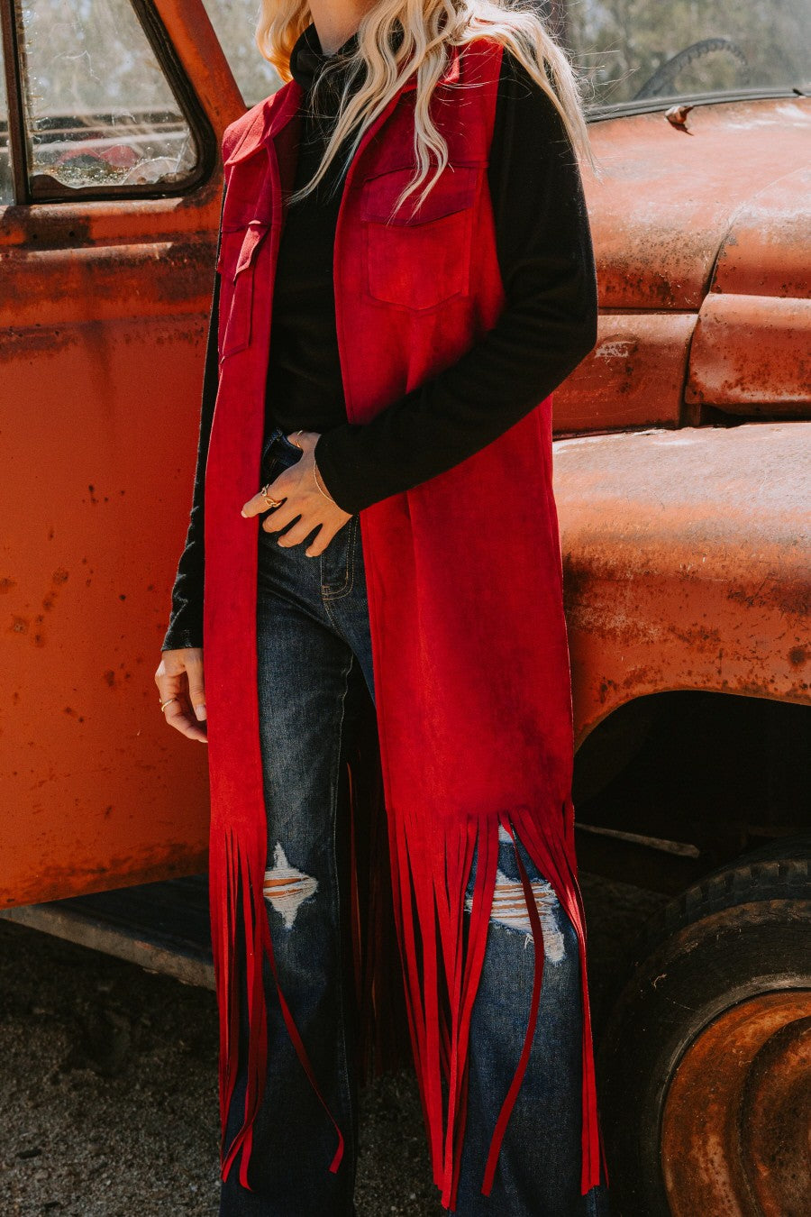Fringe Hem Solid Suede Long Vest