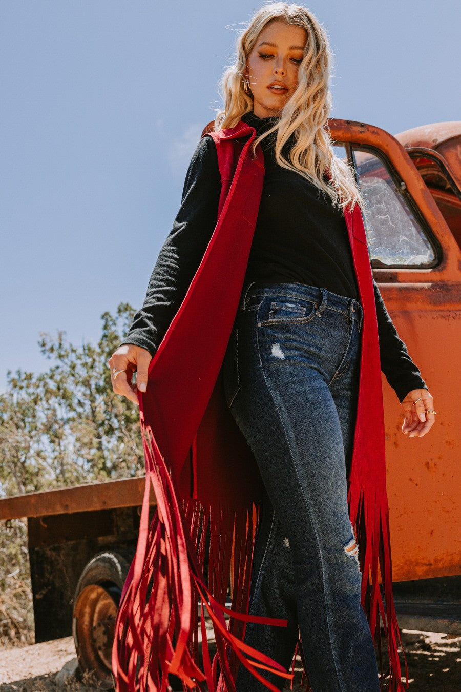 Fringe Hem Solid Suede Long Vest