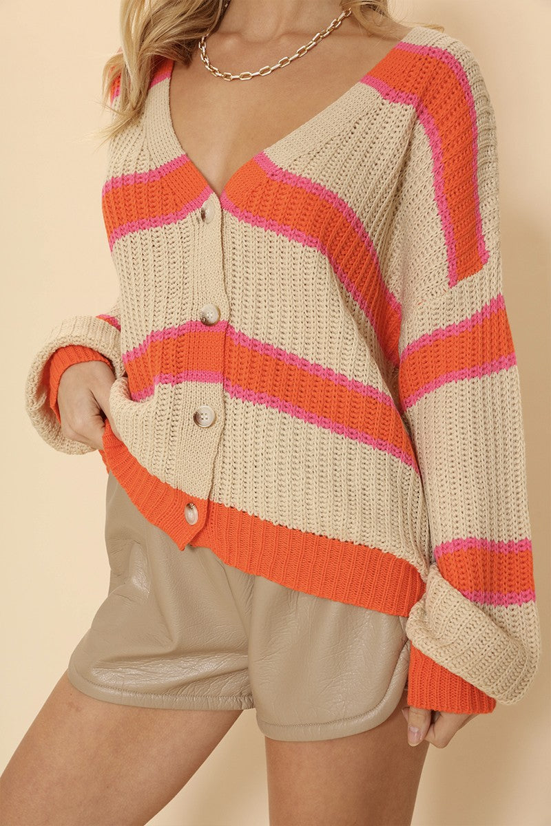 Striped Ribbed Knit Button Front Cardigan