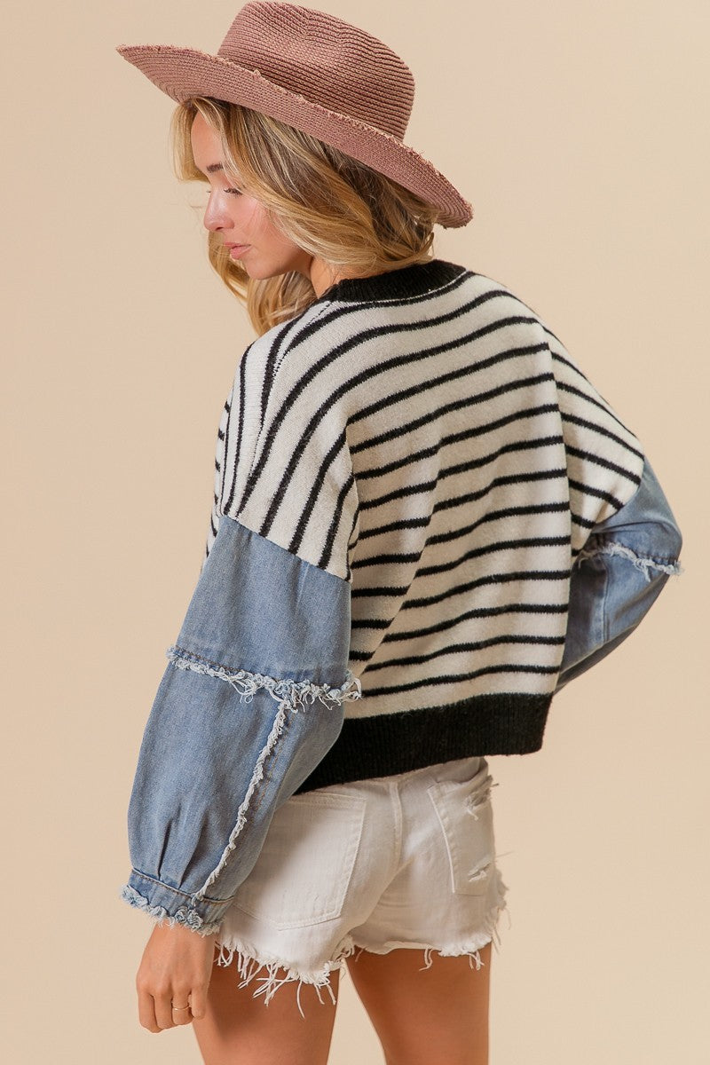 Washed Denim Sleeve Striped Sweater