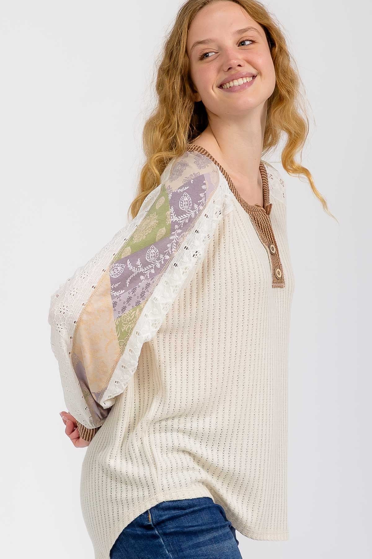 Plus Mixed Fabric Patchwork Henley Top