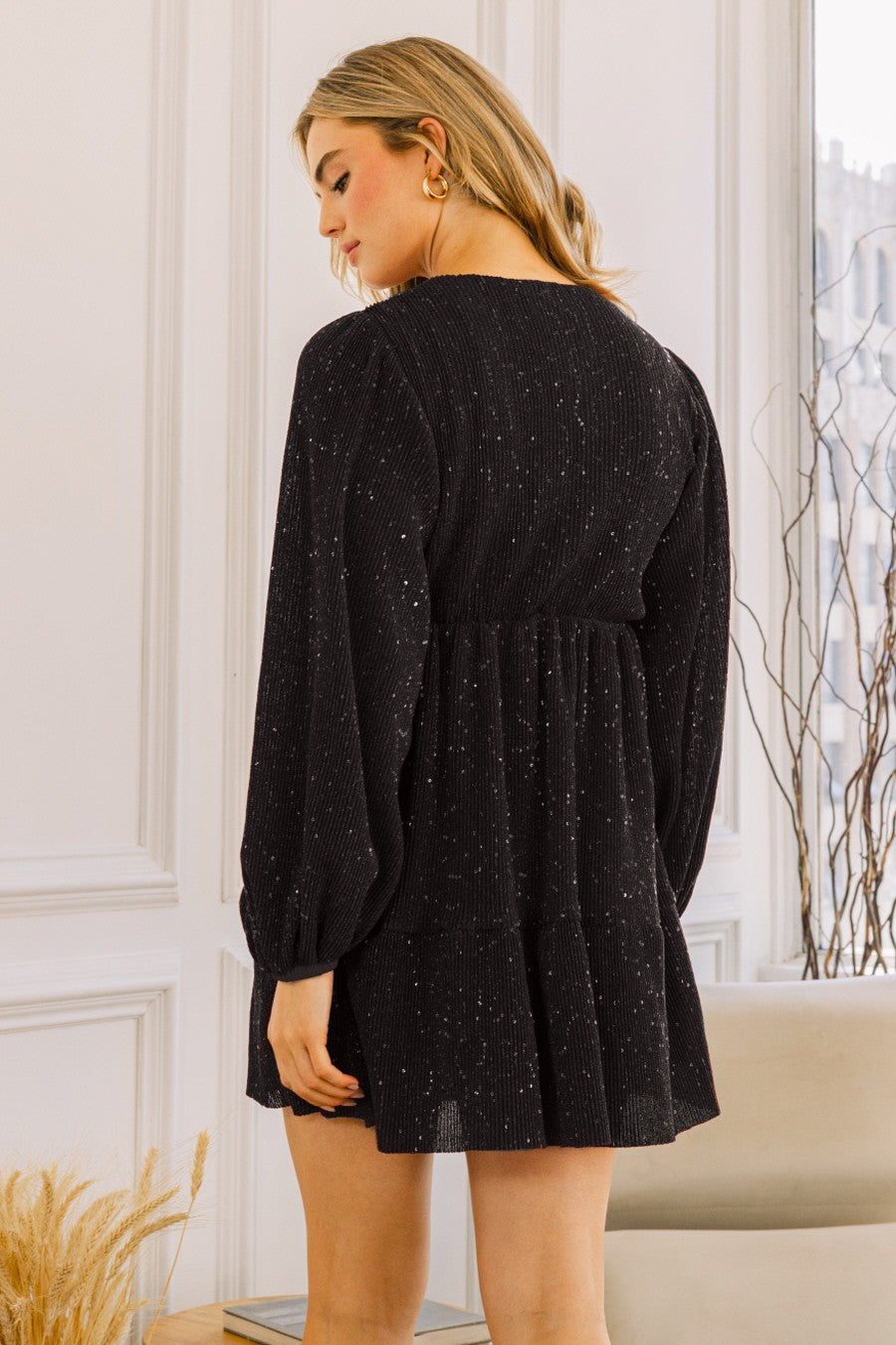 Lurex Narrow Pleated V-neckline Mini Dress