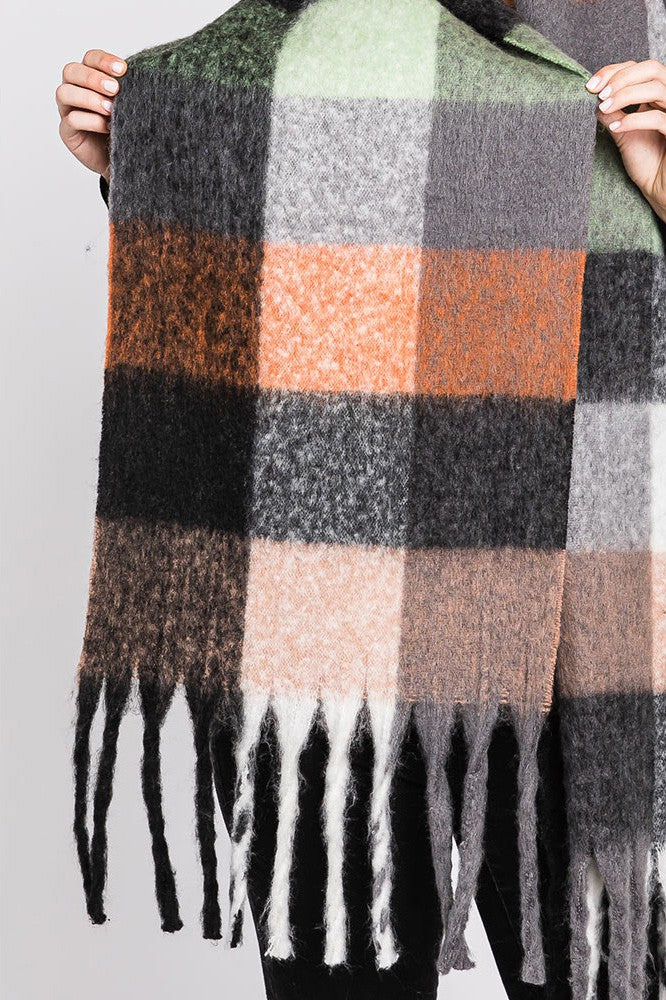 Multi Colored Plaid Check Fringe Oblong Scarf