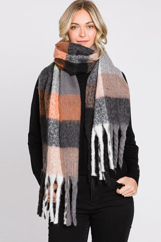 Multi Colored Plaid Check Fringe Oblong Scarf
