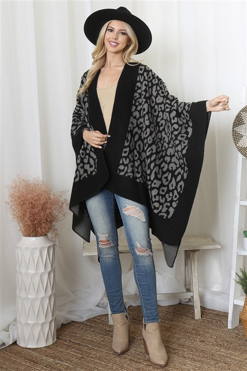 Border Line Leopard Print Warmer Open Front Kimono