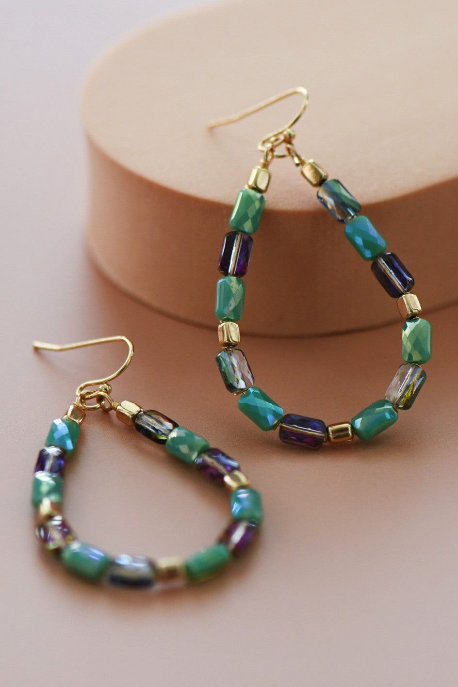 Teardrop Wire Beaded Glass Crystal Earrings