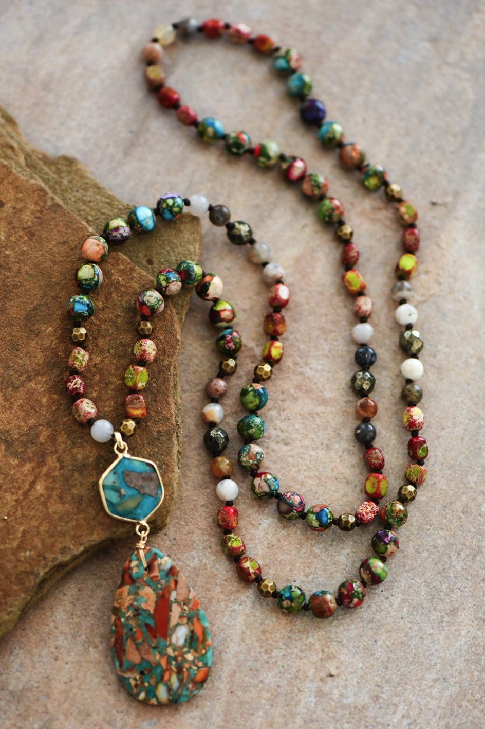 Stone Beaded Long Necklace, Large Stone Pendant