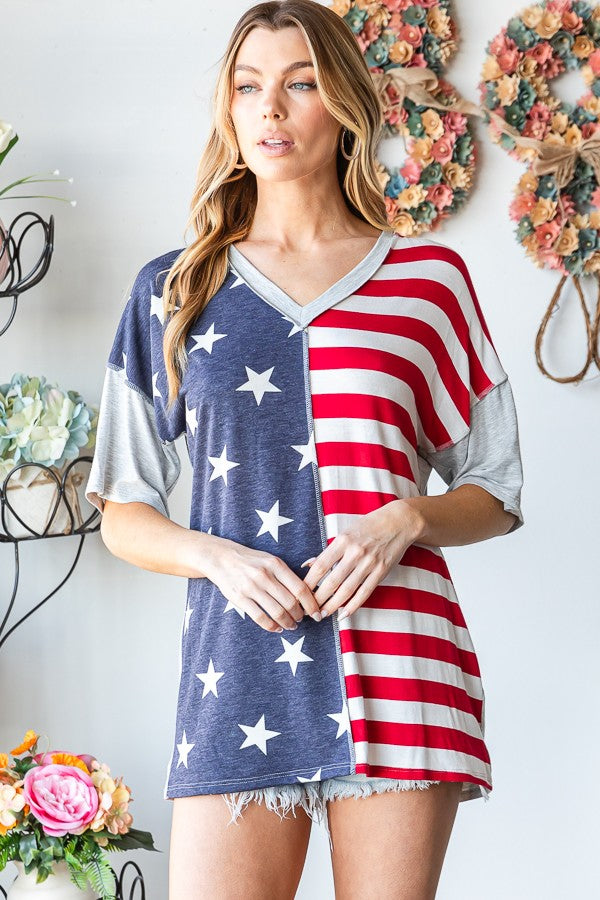 Short Sleeve Multi Color Flag Theme Print Top