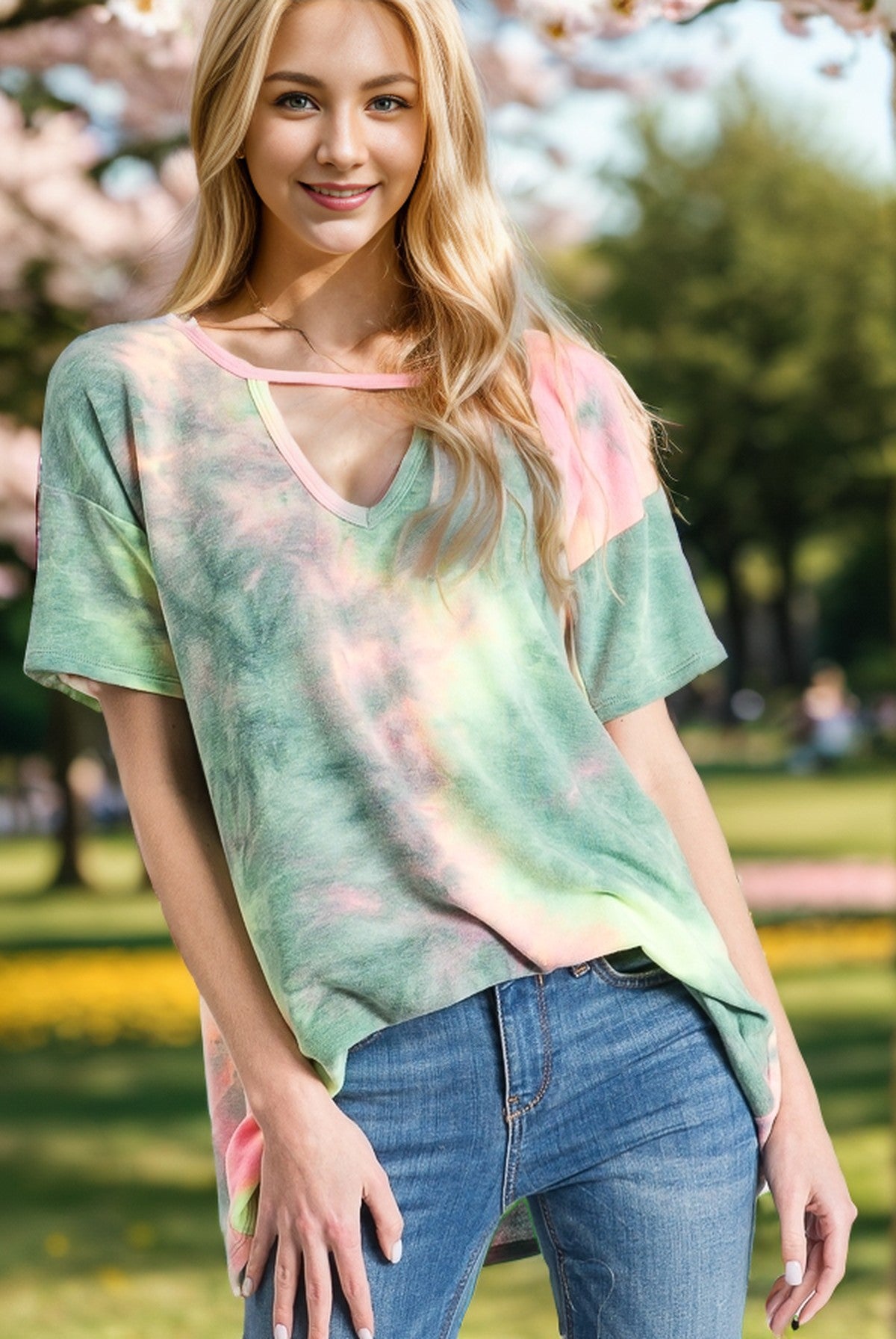 Keyhole Neck Multi Color Tie Dye Top