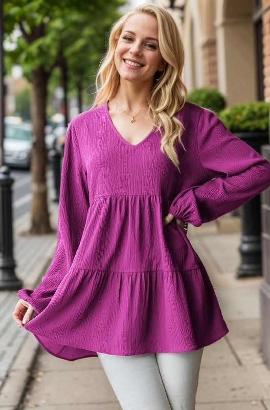 Curvy Long Puff Sleeve V Neck Solid Tiered Top