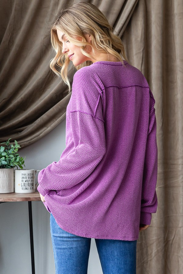 Long Puff Sleeve Solid Urban Ribbed Top