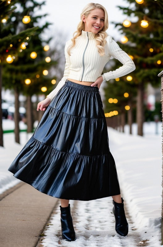 Faux Leather Tiered Midi Skirt