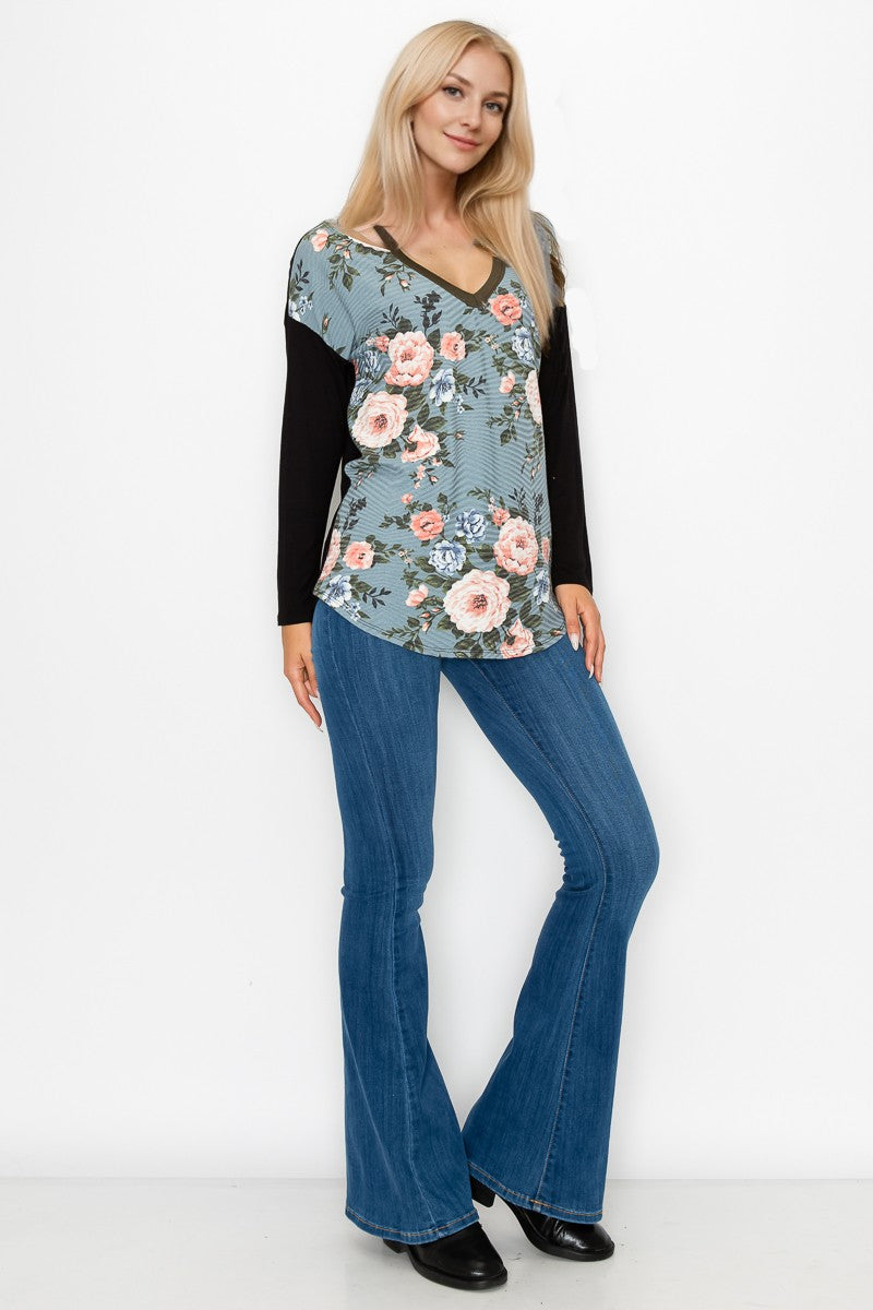 Slit Shoulder Detail Floral Solid Top