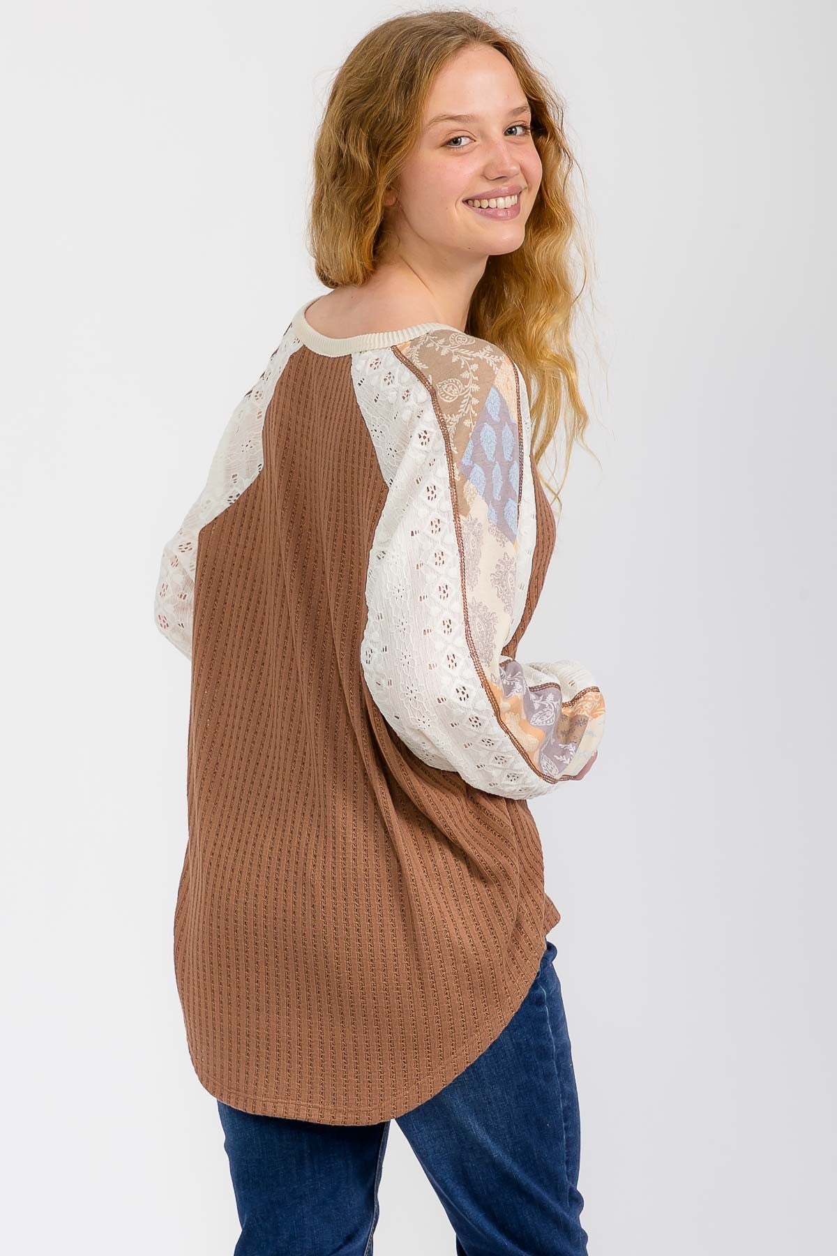 Plus Mixed Fabric Patchwork Henley Top