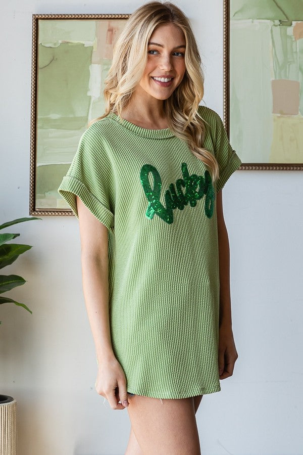 Short Sleeve Solid Urban Rib Top With Lucky Patch