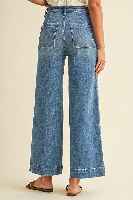 Stretch High Rise Pin Tuck Detail Wide Leg Jean