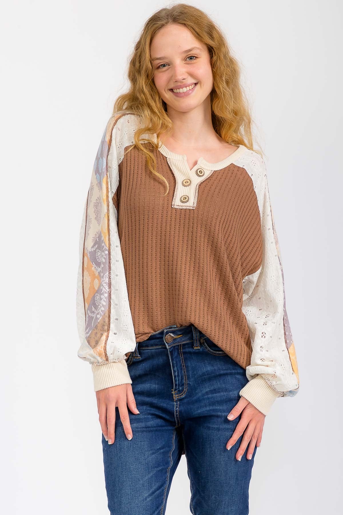Plus Mixed Fabric Patchwork Henley Top