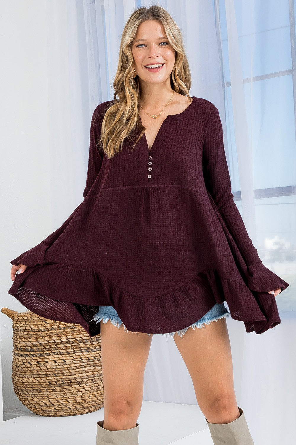 Waffle Knit Flare Top/ Tunic