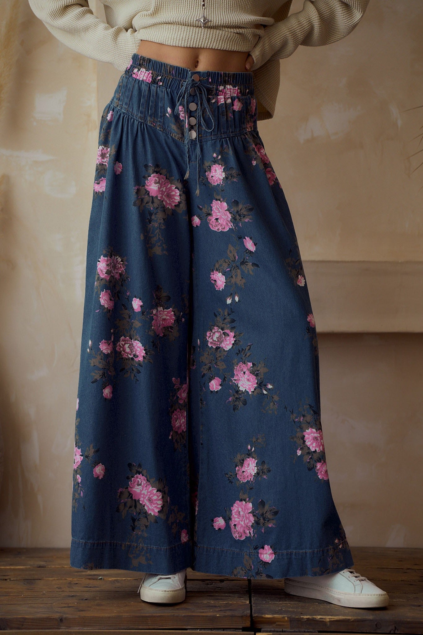 Rose Denim Elastic Waist Wide Leg Pants