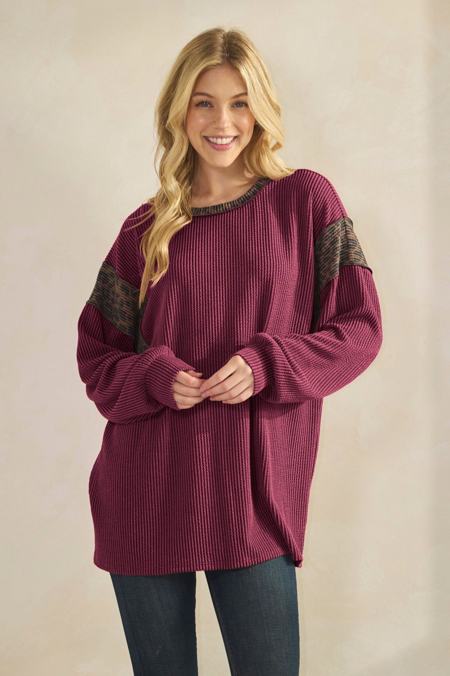 Long Sleeve Solid And Animal Urban Rib Top