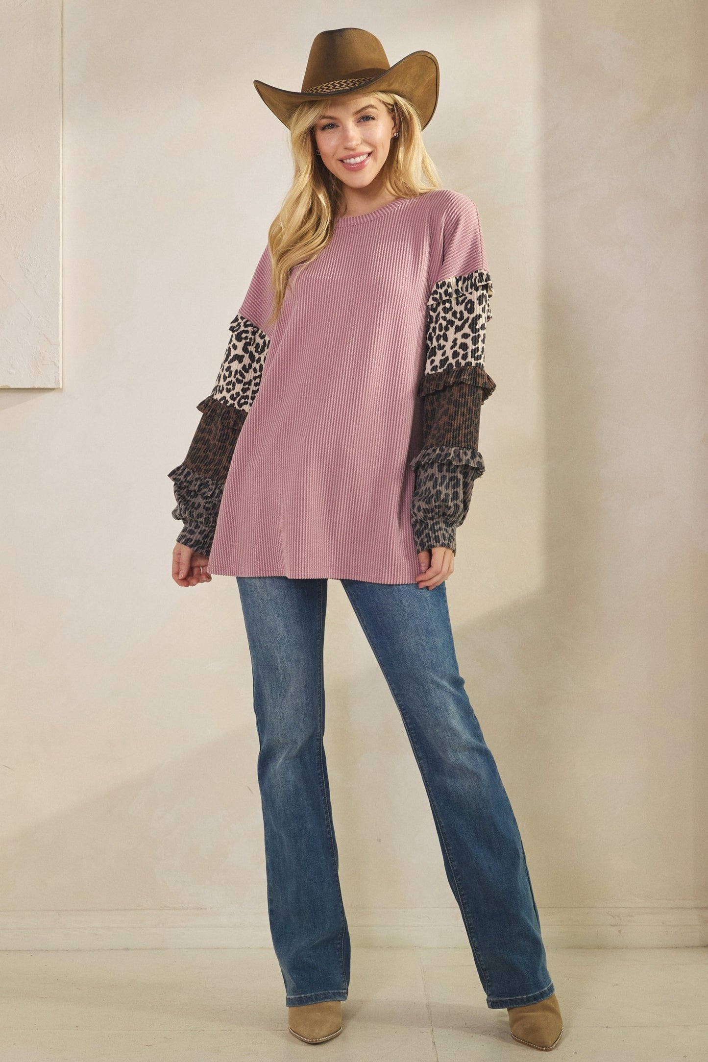 Layered Ruffle Mixed Animal Sleeeve Top