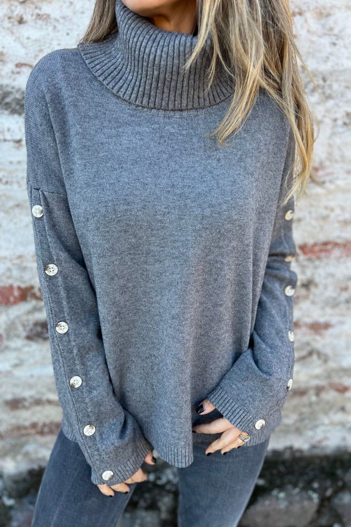 High Necked Button Detail Knit Sweater