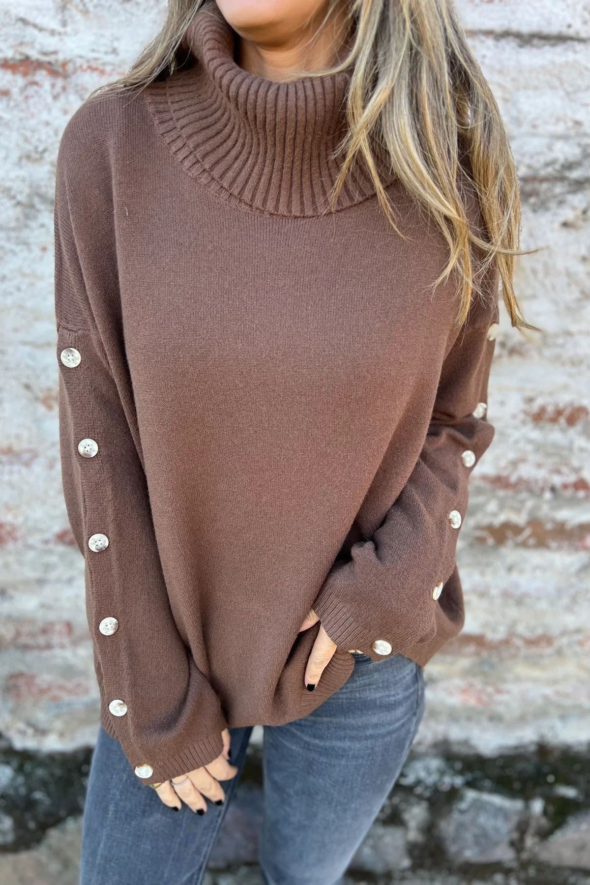 High Necked Button Detail Knit Sweater