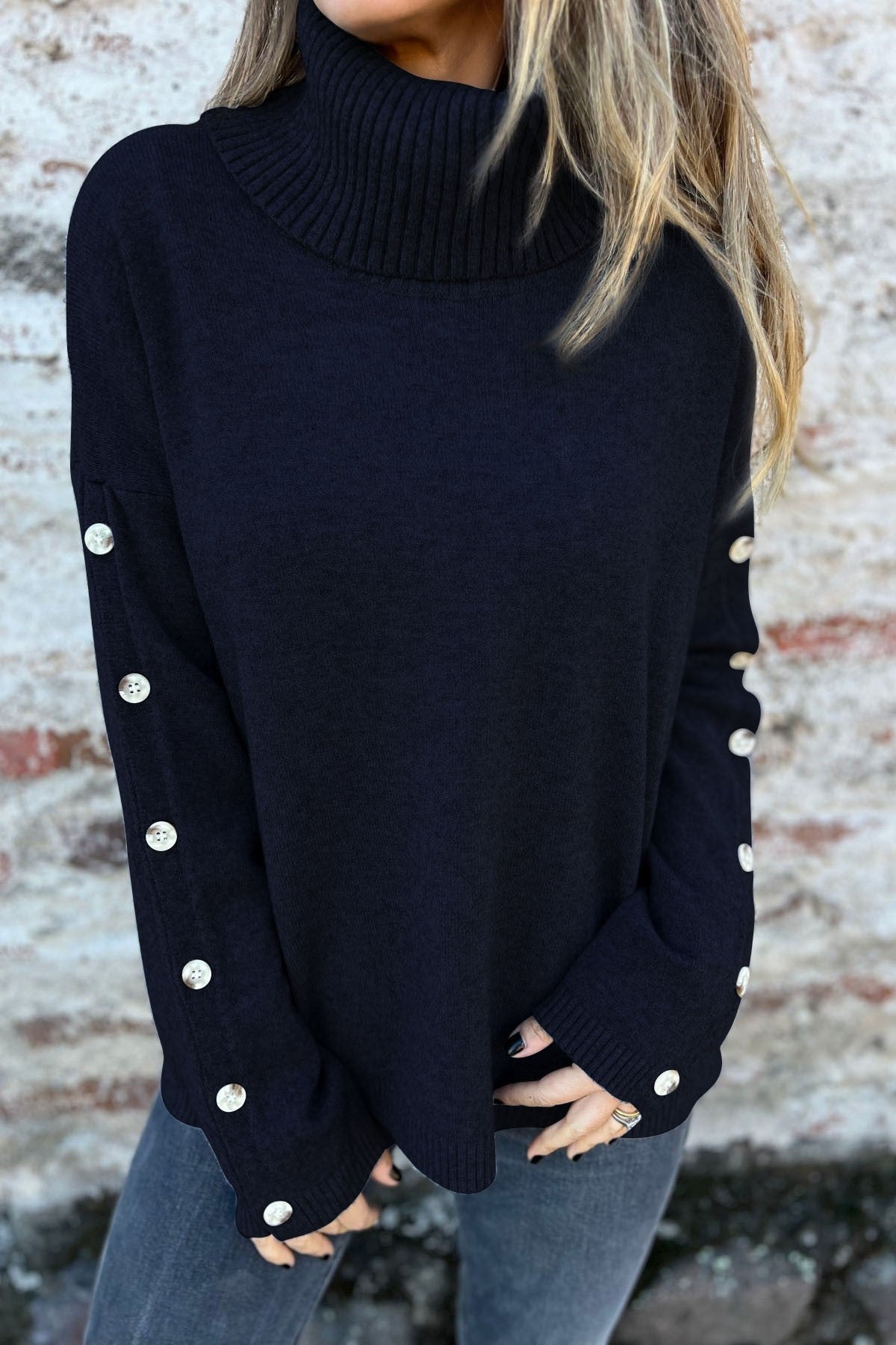 High Necked Button Detail Knit Sweater