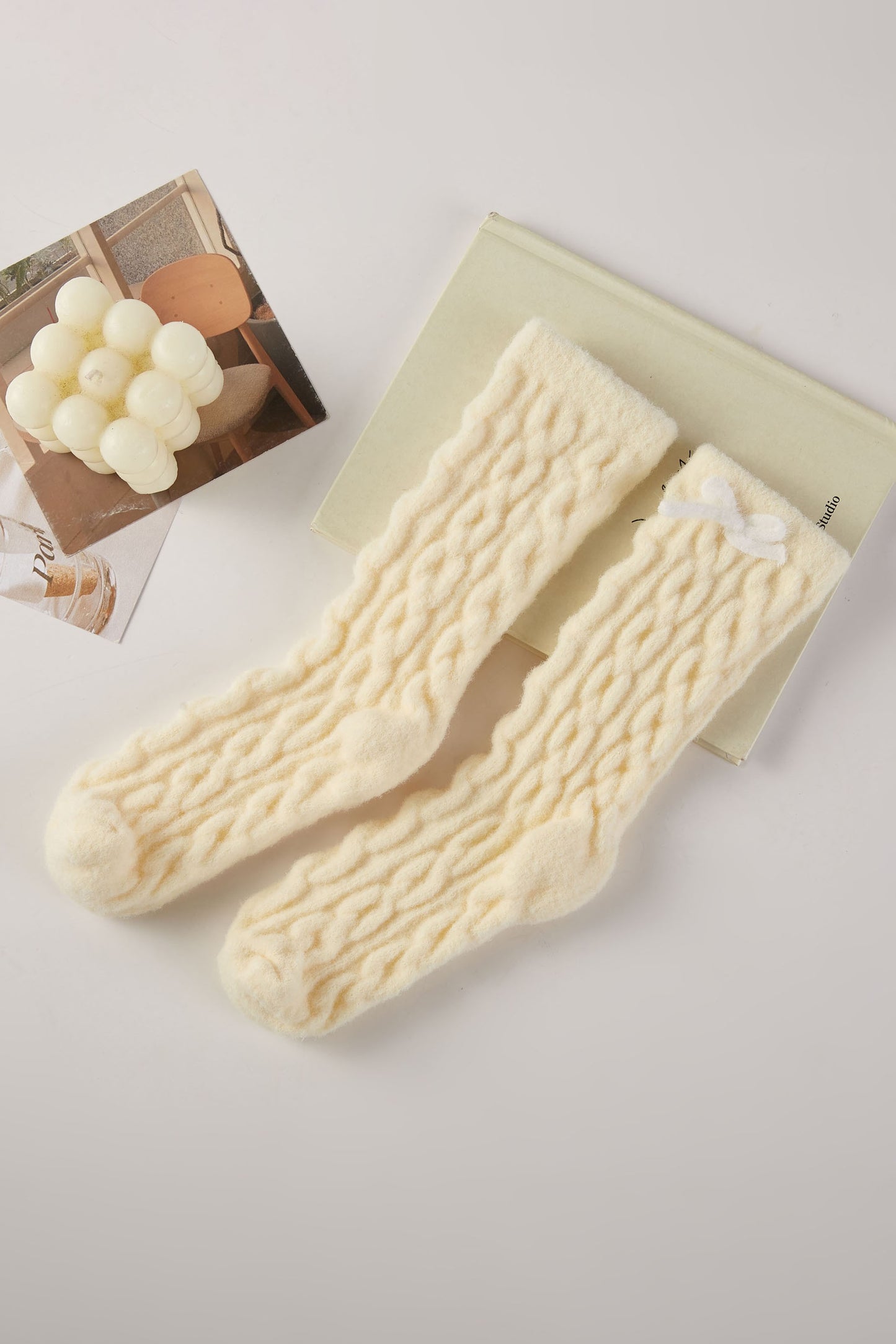 3pairs - Bow Warm Fuzzy Cable Knit Socks Gift Set