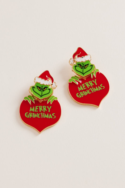 Merry Christmas Heart Grinch Monster Earrings