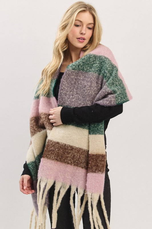 Oversized Striped Soft Brushed Knit Fringe Scarf