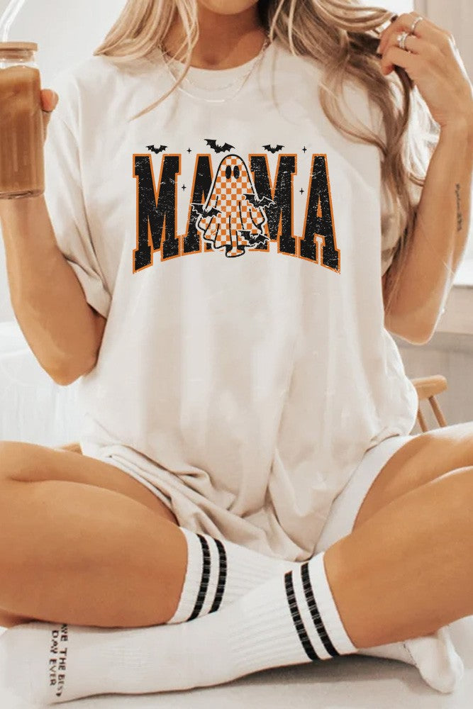 Spooky Mama Ghost Checkered Round Neck Tee