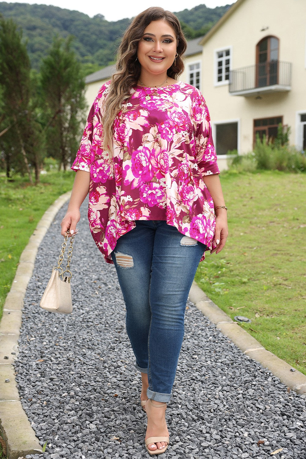 Red Floral Print Short Sleeve Blouse