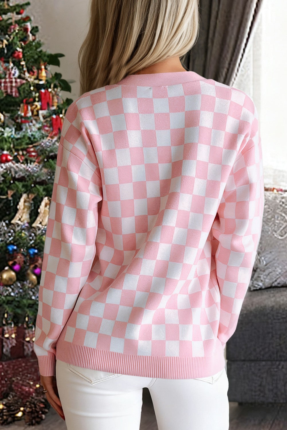 Tree Pattern Button V Neck Cardigan Sweater