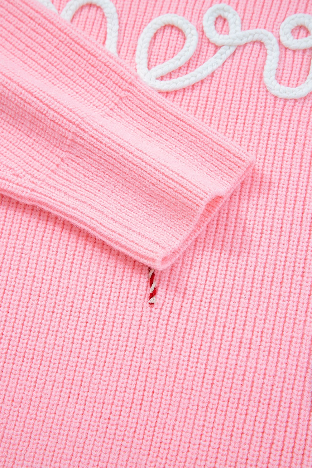 Pink Merry Candy Cane Puffy Knit Crew Neck Sweater