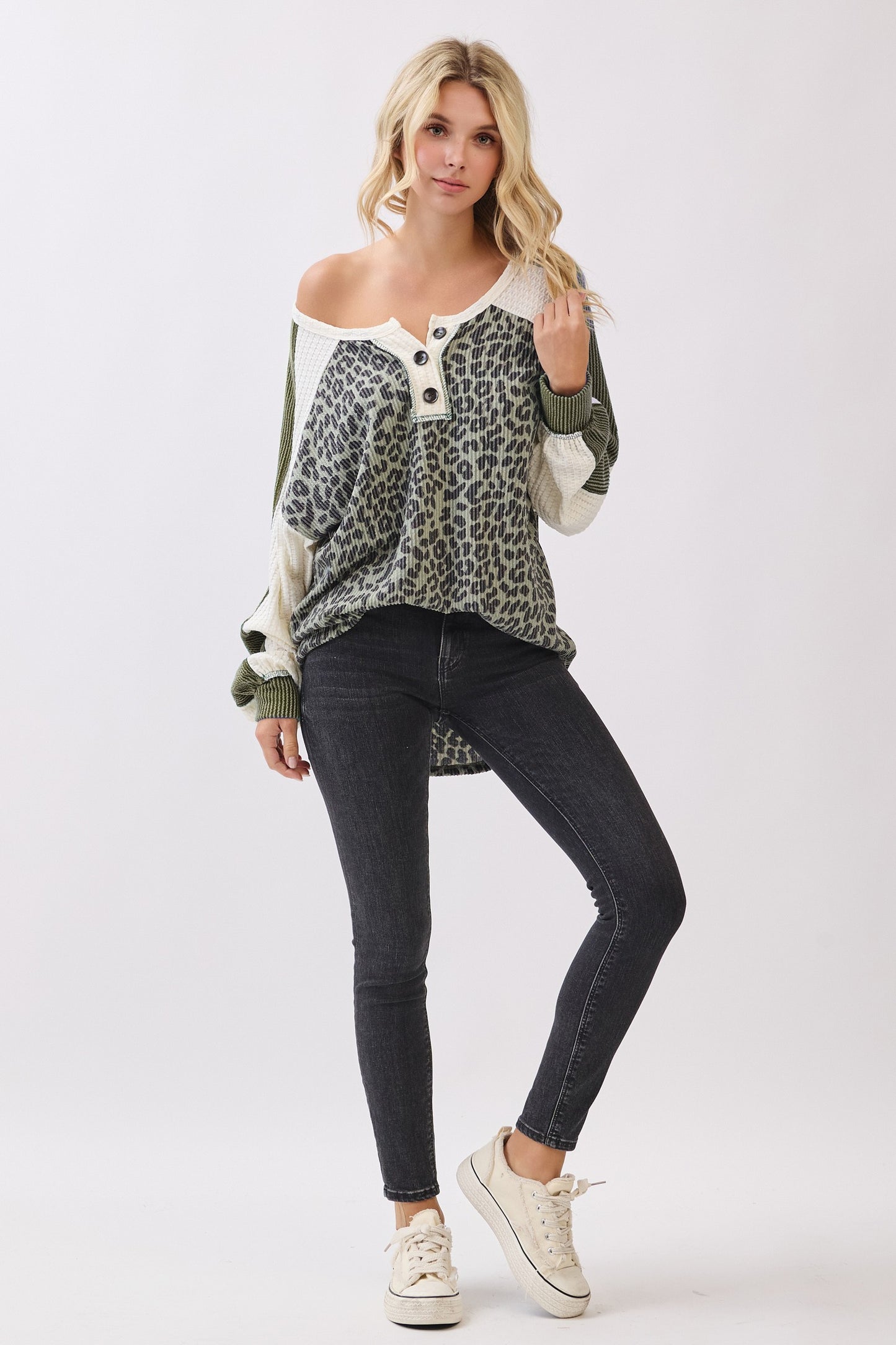 Leopard Print Colorblock Button Front Pullover Top
