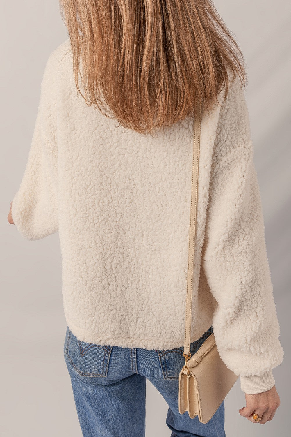 Letter Embroidery Quarter Zip Sherpa Sweatshirt