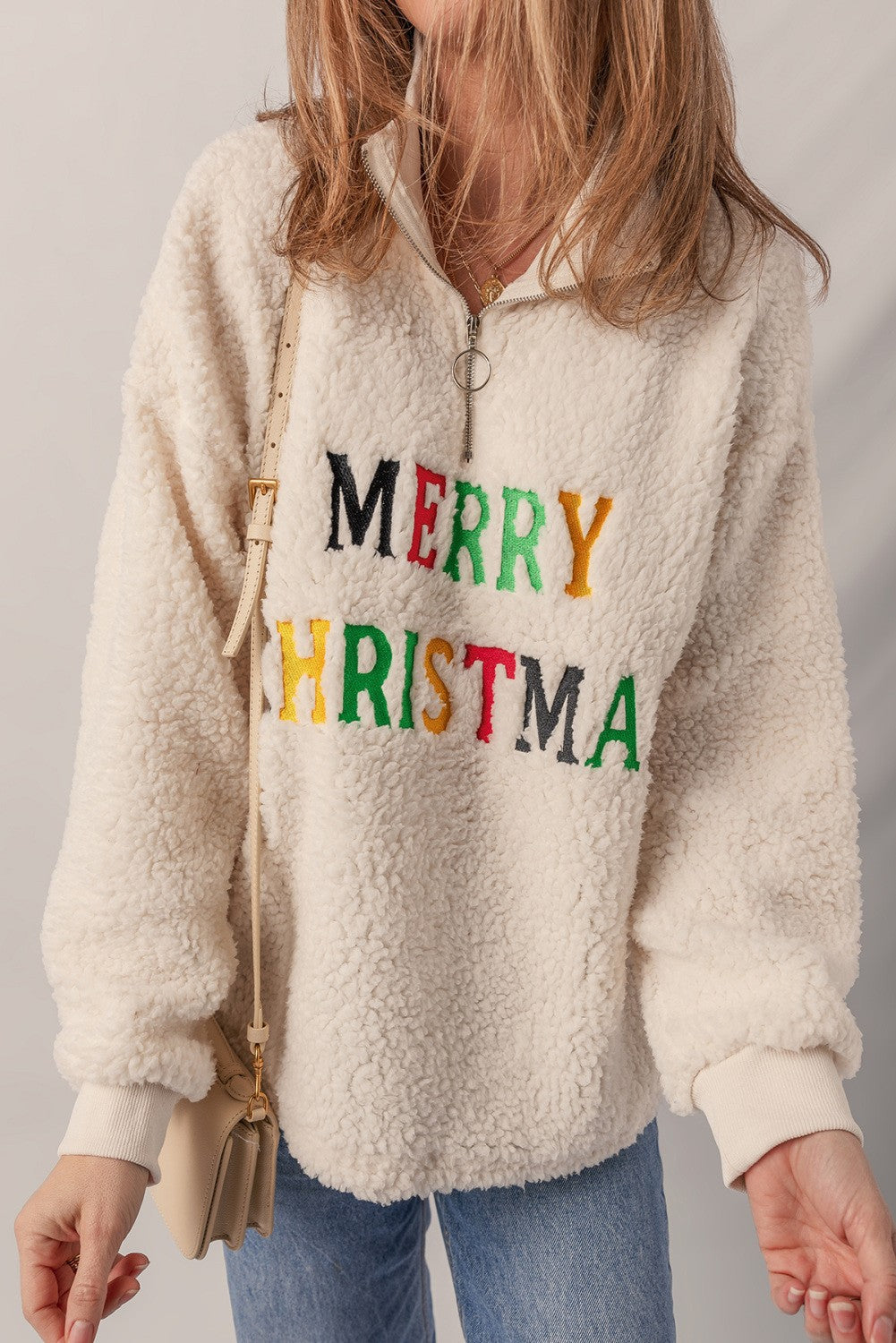 Letter Embroidery Quarter Zip Sherpa Sweatshirt