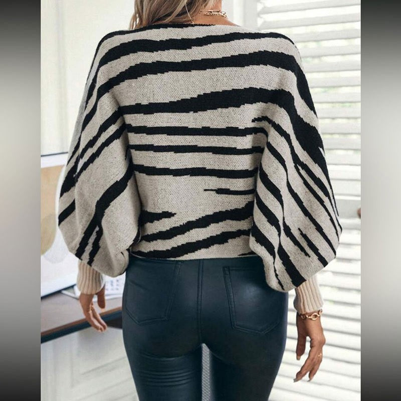 Loose Zebra Colorblock Off-shoulder Batwing Top