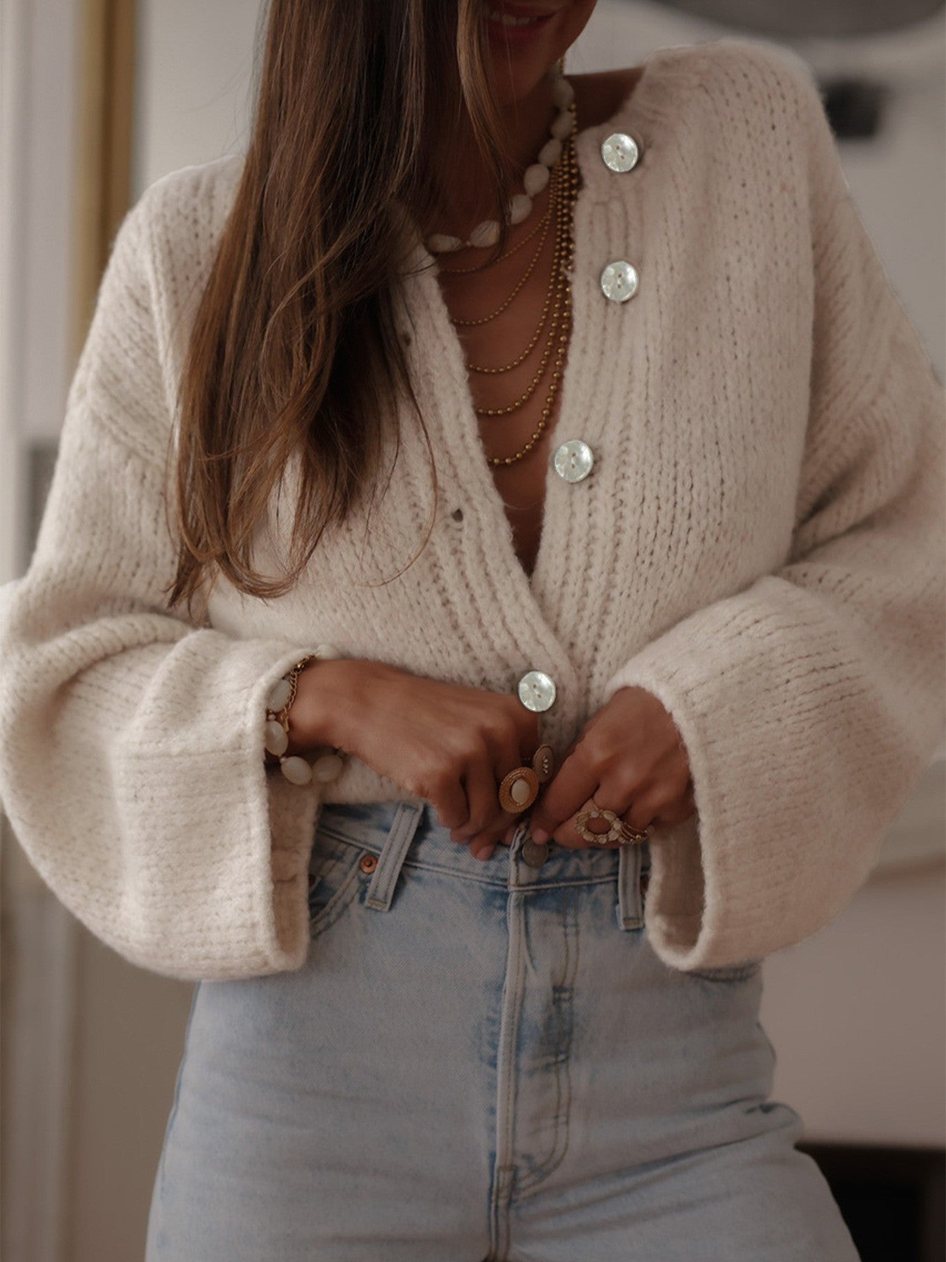 Loose Solid Button-up Knit Cardigan