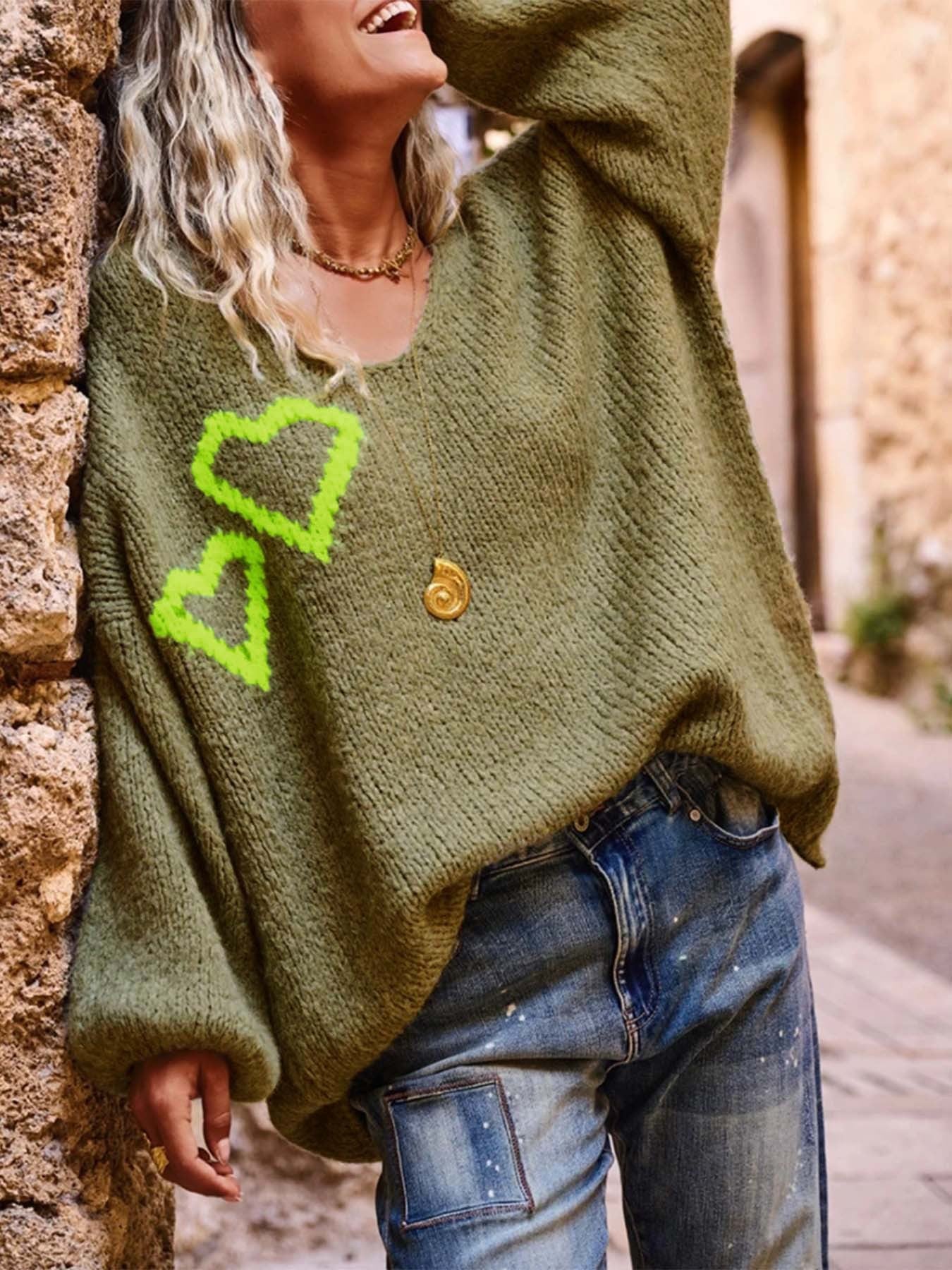 Heart Print V Neck Casual Loose Knit Sweater