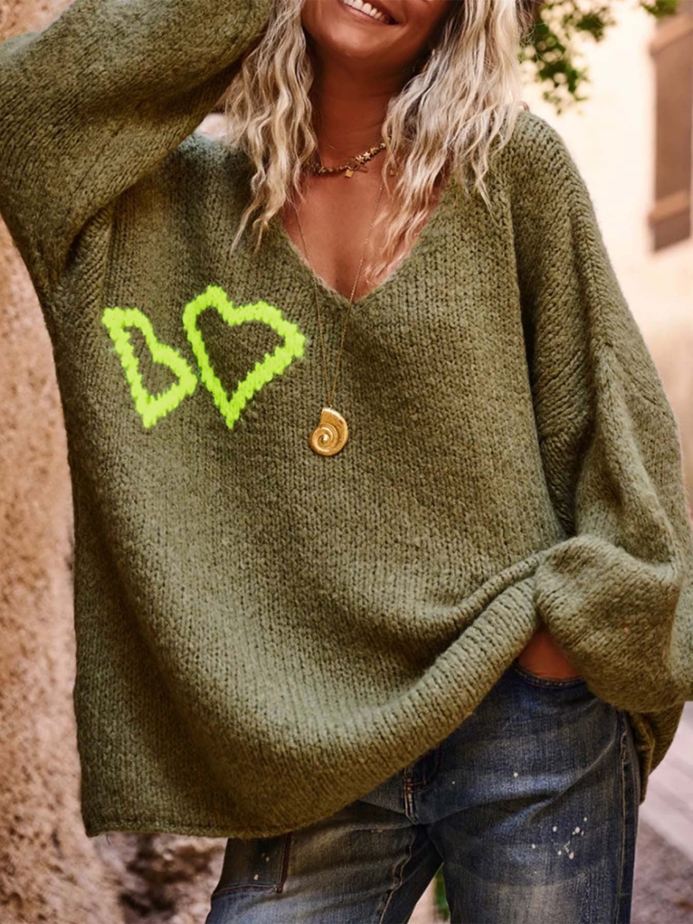 Heart Print V Neck Casual Loose Knit Sweater